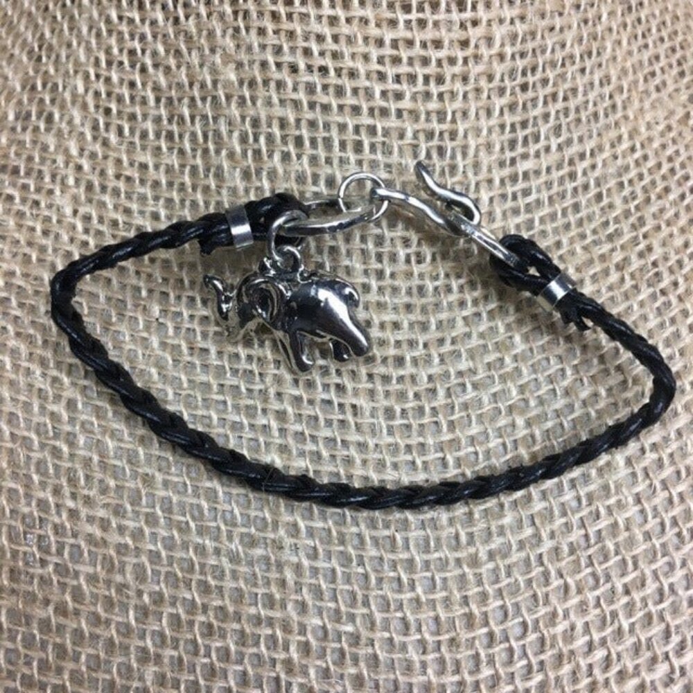 Elephant Charm Bracelet 7 In Silver Black Braided Cord Retro BoHo Exotic Lucky